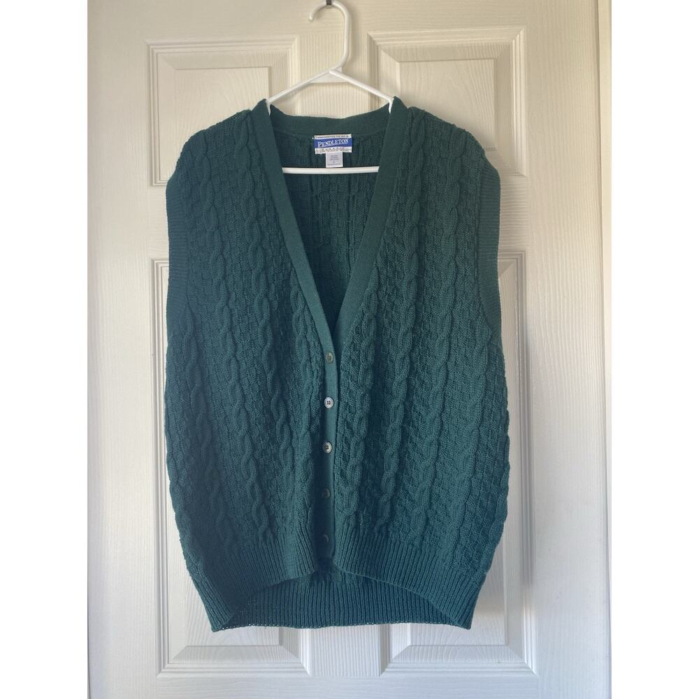 Vintage 90s Pendleton‎ Wool Cable Knit Sweater Vest Green Size L Y2K Cottagecore